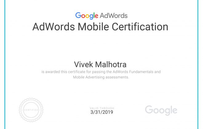 Adwords Mobile Certificate - Vivek Malhotra